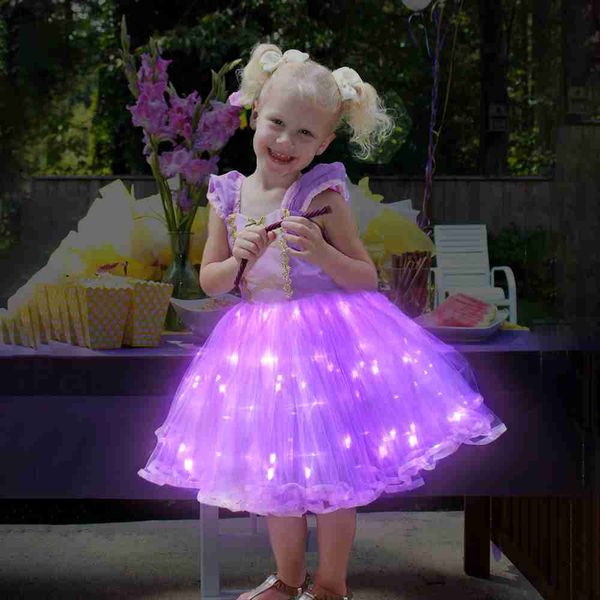 Robes de fille Personnage de film Come Princess LED Light Up Robe Glamour Girl Cosplay Carnaval Cadeau d'anniversaire Robe de soirée Soirée Jaune Dresse W0224