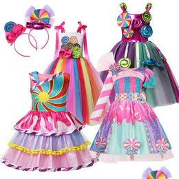 Vestidos de niña Muababy Carnival Candy Vestido para niñas Purim Festival Fancy Lipop Disfraz Niños de verano Tutu Tutu elegante Vestido de fiesta Dhtoa
