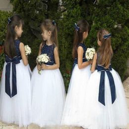 Vestidos de niña Azul marino Niña de flores para bodas Tul blanco Vestido de primera comunión esponjoso Vestidos de fiesta para niñas