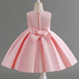 Girl's jurken Nieuwe 2023 Babymeisjes Hoge kwaliteit LCE Flower Dress met Pearl Infant Kids First Princess Brithday Party -jurk peuter kleding