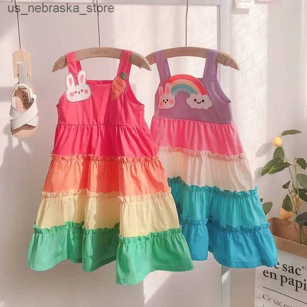 Robes de fille Nouvelles bébés filles robes enfants mignon dessin animé arc-en-ciel robe d'anniversaire de fête d'anniversaire