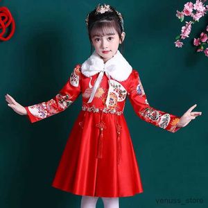 Girl's jurken Nieuwe kinderen Red Hanfu Dress Dames Velvet Gedeveded Winter Dress Baby Dress Spring Festival Nieuwjaarsservice