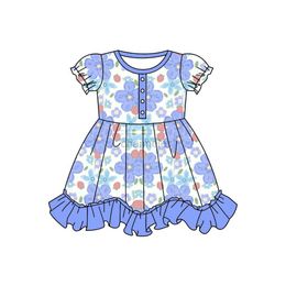 Robes de fille Nouveau design vêtements pour filles robe avec des buffs jupe au genou normale avec motif de dentelle en tissu à fleurs bleues de soie de lait 240315