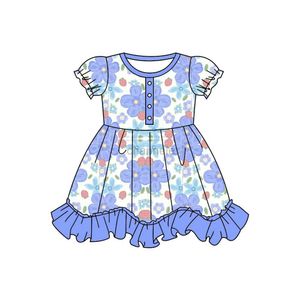 Vestidos de niña Vestido de ropa para niñas de nuevo diseño con falda hasta la rodilla normal con estampado de encaje en tela de flores azules de seda de leche 240315