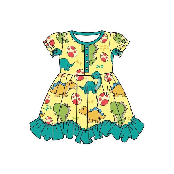 Robes de fille Nouvelle robe de fille avec manches courtes bouffantes jupe au genou motif en dentelle motif de dinosaure mignon tissu en soie laiteuse 240315