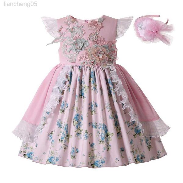 Robes de fille nouvelle fille rose Vintage robes florales manches volantes robe de princesse pour enfants appliqué filles vêtements W0224