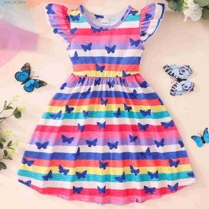 Girl's jurken Nieuwe meisjes jurk vliegende mouw jurk babymeisjes kinderfeestje tutu ruche ruche regenboog vlinder jurken katoen pasgeboren kostuum voor 2-9y t240415