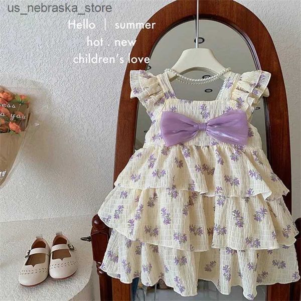 Vestidos de niñas NUEVOS Vestidos de fiesta para niñas Pielas para niños pequeños Lindo vestido de pastel de proa elegante Vestido para niños 1-9 años ropa de fiesta de cumpleaños para niños Q240418