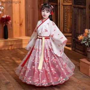 Meisjesjurken Nieuwe Hanfu meisjes lente en herfst kinderkostuum jurk 3-12 jaar oud meisje kersenbloesem prinses jurk Chinese stijl kind