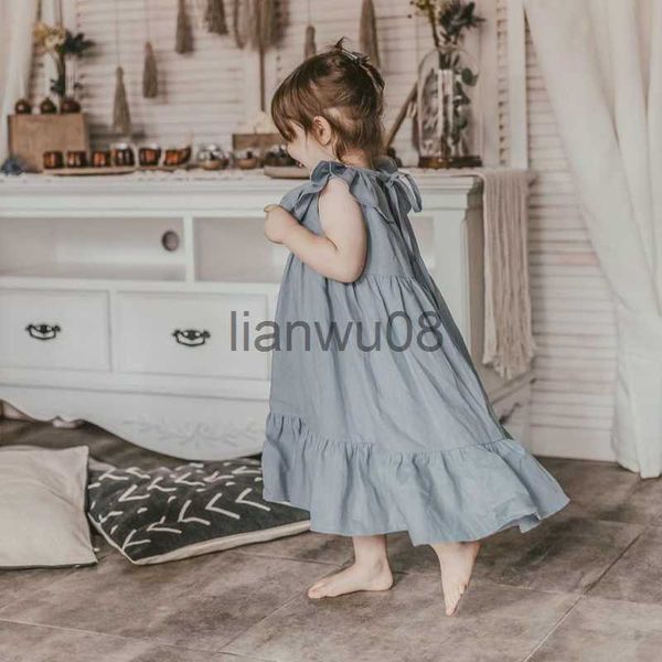 Robes de fille nouvelle offre spéciale enfant bébé filles été couleur lin robes sans manches à volants manches flottantes Tutu enfants robes enfants vêtements filles x0806