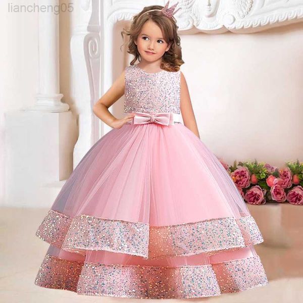 Robes de fille Nouveau paillettes enfants filles élégant mariage perle pétale fille robe princesse fête concours de beauté sans manches dentelle tulle 3-12 ans W0224