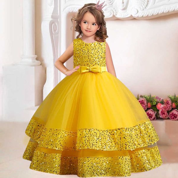 Vestidos de niña Nuevas niñas de lentejuelas para niños elegante boda perla pétalo vestido de niña princesa fiesta concurso de belleza sin mangas encaje tul 3-12 años