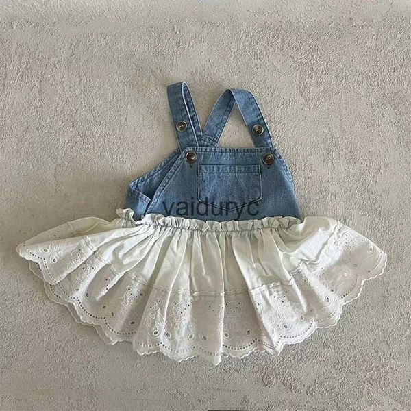 Robes de fille Nouvelle robe de bébé d'été pour tout-petit denim + dentelle blanche Stitng Robe d'ours mignon