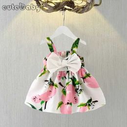 Meisjesjurken Nieuwe zomer babymeisje jurk grote boog baby meisje kleding schattig gedrukte mouwloze baby prinses jurk240508