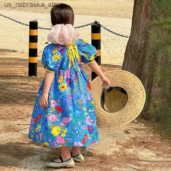 Robes de fille Nouvelle robe de plage pour enfants d'été Bohemian Girls Robe Fleur Imprimé préscolaire Childrens Long Robe 3-8Y Q240418