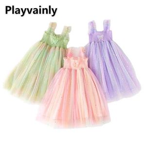 Vestidos de niña Nuevo verano para niños Vestidos para niñas Niños rosa verde color púrpura Patch de luna de luna princesa Mesh ropa H240507