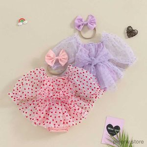 Vestidos de niña Bebé recién nacido Bebé Niñas Día de San Valentín Vestido de mameluco Estampado de corazón Manga larga de soplo Malla Mono de tul + Diadema de arco