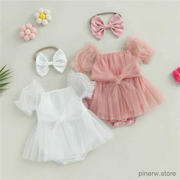 Robes de fille Nouveau-né Infant Baby Girls Romper Robe à manches courtes Bow Tulle Combinaisons Bodys d'été avec bandeau Vêtements pour tout-petits