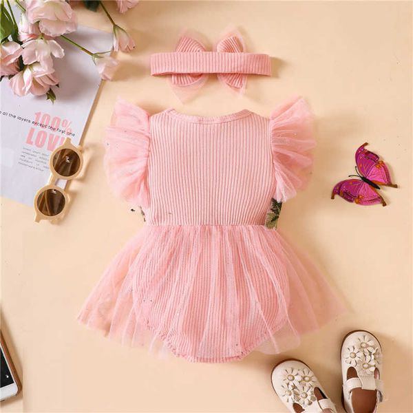 Robes de fille nouveau-né infantile fille barboteuse robe fleur broderie côtes tricot jupe en tulle ourlet combinaisons vêtements de bébé avec bandeau tenues