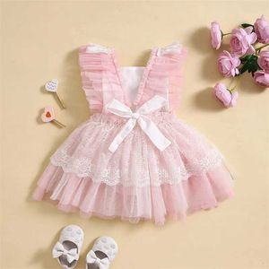 Girl's jurken pasgeboren dames mouwloze vierkante halslijn regenboog patch geplooide prinses gelamineerd mesh jumpsuitl240508