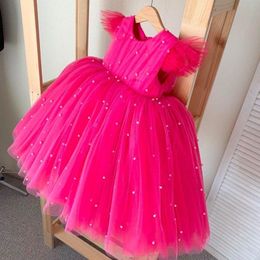 Girl's jurken Pearls Fuchsia Flower Girl Poshoot Tule Little Kids Birthday Pageant trouwjurken Eerste communie Dresgirl's