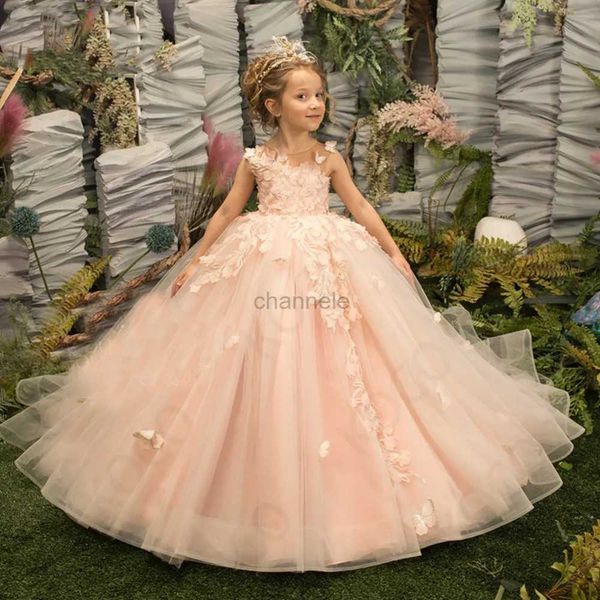 Vestidos de niña Niña rosa en flores de tul mariposa para aplicaciones de concurso de cumpleaños de fiesta de bodas vestido de fiesta de primera comunión 240315
