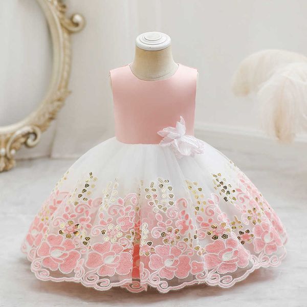 Robes de fille rose fleur 1 an robes d'anniversaire pour bébé fille vêtements mignon arc doré paillettes enfant en bas âge princesse dentelle fête robe de bal 1-6YHKD230712