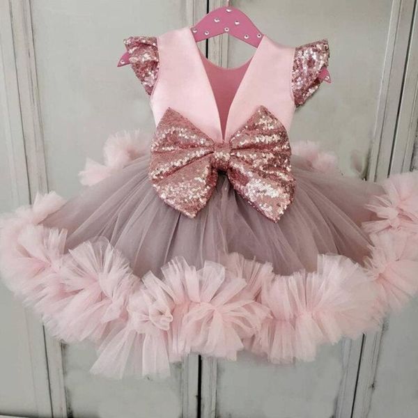 Robes de fille rose robe de demoiselle d'honneur 2022 paillettes arc princesse robes de bal Puffy Tulle première communion jupes o-cou enfant fête de mariage Dres