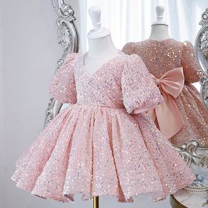 Robes de fille Rose Sequin Robes formelles pour les adolescents Filles Robes de luxe 2 à 14 ans Enfants Arc Princesse Soirée Robe courte Fête d'anniversaire 230714