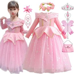 Vestidos da menina rosa dormindo beleza vestido crianças aurora cosplay traje primavera outono menina festa de aniversário princesa roupas crianças vestido elegante 231128
