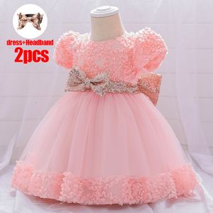 Girl's jurken plbbfz Stuur headban roze pailletten babymeisje eerste verjaardag voor kinderen doop grote boog feestje bruiloft prinses e 230327
