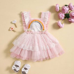 Girl's jurken kleuterschoolmeisje prinses fairy sheer jurk mouwloze regenboog verjaardagsfeestje gelaagde mesh jurk240508