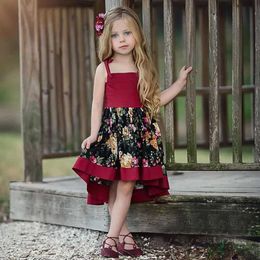 Meisjesjurken kleuterschool zomerjurk babykleding meisje kleding meisje riem rode bloemen print prinses feestjurk kinderen kleding meisje kledingl240508
