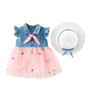 Robes de fille Princesse 6M-3Y Robe Infant Set Chapeau Ananas Manches Denim Patchwork Filles Bébé Tulle Élégant Enfants