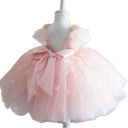 Vestidos de niña Vestido de fiesta de princesa Vestido de niña de flores Con cuentas de encaje de marfil Tul rosa con volantes Cuello transparente Vestido de cumpleaños para niñas