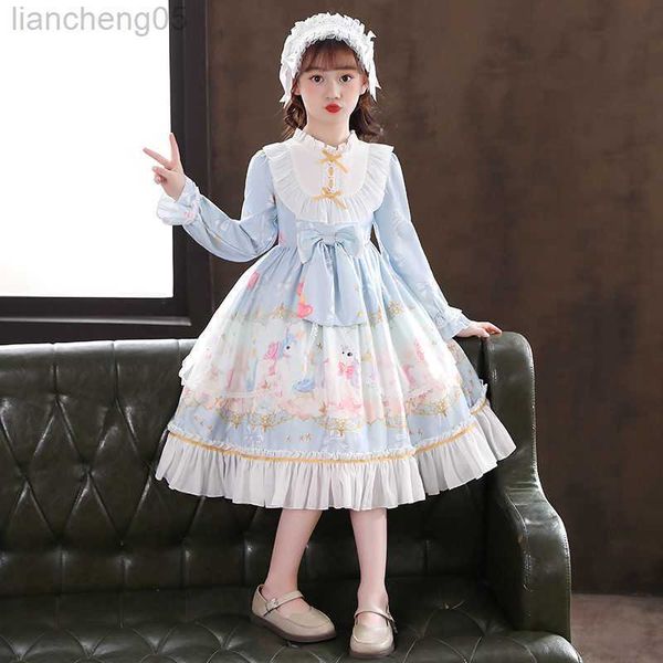 Robes de fille princesse Lolita jupe filles été nouvelle espagne doux enfants dessin animé robe à manches longues gonflé tulle jupe mignon enfants loli vêtements W0314