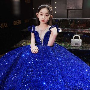 Girl's jurken Princess Long Girl Pargin Wedding Prom Elegant Deep V-Neck Children's Baptist Party Display Mesh Dress G220523