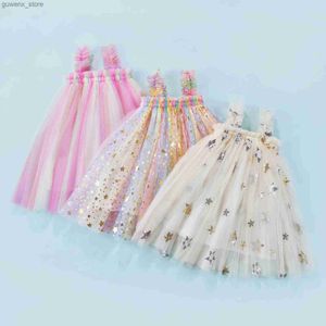 Girl's jurken Princess Party Pargin jurk voor babymeisjes zomer mouwloze sterren mesh tutu gelaagde tule jurken y240412y240417GZZ2