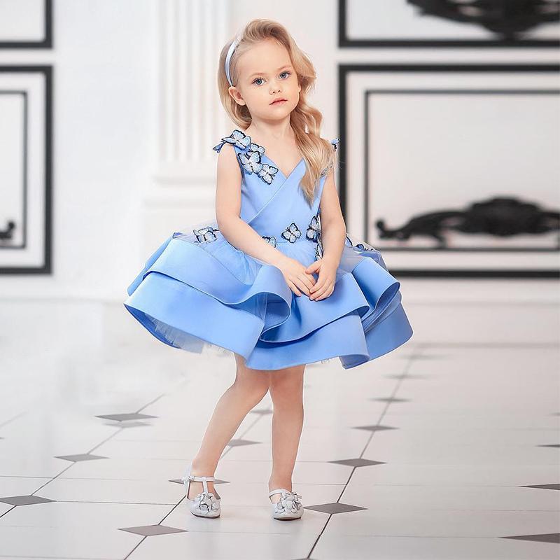 Kız Elbiseleri Prenses Çiçek Elbise Giyiyor Tül Kelebek Mavi Düğün Partisi Balkanı Girlgirl's için