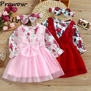 Meisjesjurken Prowow 0-3Y FAUX 2PCS Baby Girl Princess Dress Bloemprint Ribbed Splicing Mesh Bowknot For Kids Children Kleesgirl's