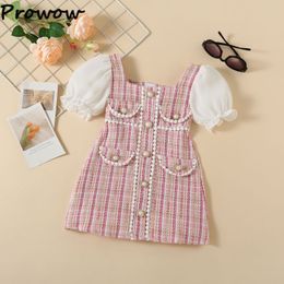 Girl S jurken Prowow 1 7y Summer Children Girls Puffy Sleeve Pink Tassel Beading Tweed Jurk voor babykinderenkleding 230224
