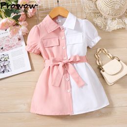 Mädchenkleider Prowow 2 6Y Kinder Mädchen Rosa Weiß Patchwork Poloshirt Kleid für Blusen mit Gürtel Sommer Kinderkleidung 230630