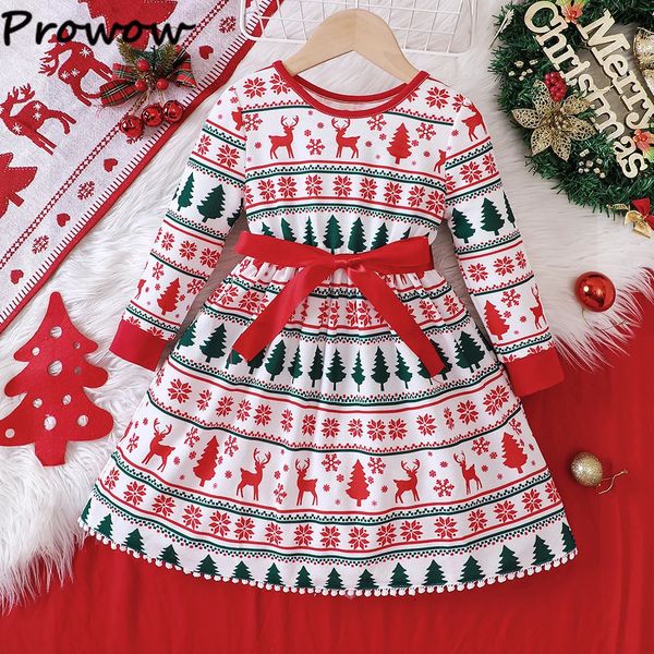 Robes de fille Prowow 3 7Y enfants noël pour filles cerfs rouges imprimer robe ceinturée année Costume enfants vêtements 231204