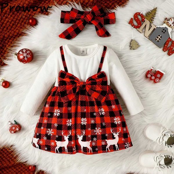 Vestidos de niñas Prowow Baby Christmas Vestido para niñas Cerroon ciervos a cuadros Faux-dos vestidos de princesa princesa ropa de Navidad chicas año nuevo costumel23122222