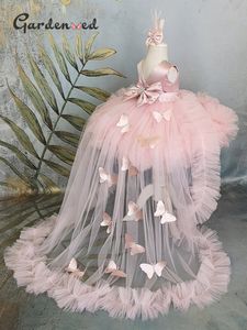 Girl's Dresses Puffy Girl Dress Pink Baby Dress with Train Flower Girl Dress Bow Cute Kid's Child Birthday Dresses Frist Communion 230714