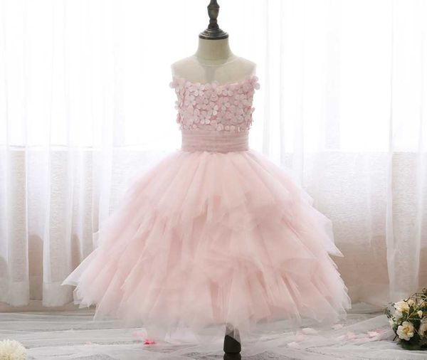 Vestidos de niña, vestido de princesa de hilo hinchado, boda, flor, niña, cumpleaños, pastel rosa, apliques para niños, ropa elegante sin mangas