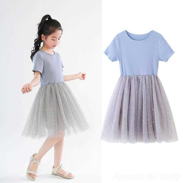 Robes de fille patchwork de tulle de coton pur pour les filles en bas âge été à manches courtes fête bleu or sequin étoile bébé fille robe de princesse G220523