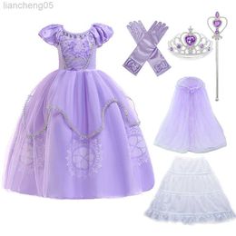 Girl's jurken paarse prinses sofia jurk voor meisjeskinderen cosplay Come Puff Sleeve Layerd jurken kind feestje verjaardag sophia fancy komt w0314