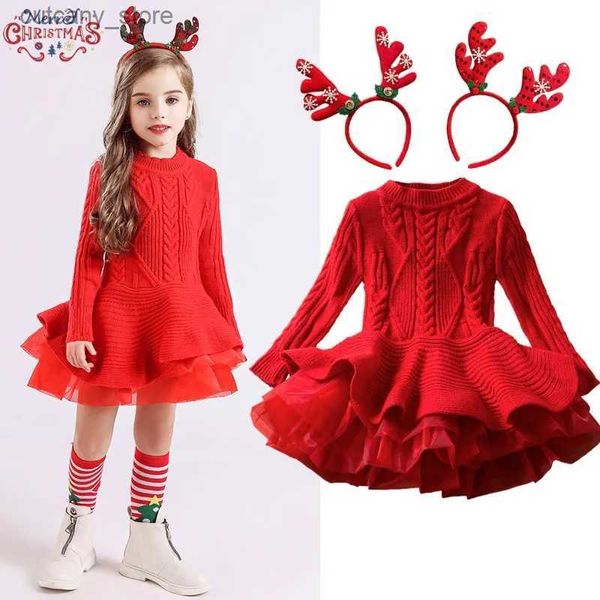 Vestidos de niña Vestido de Navidad rojo para niñas Solid Long seve Knited Sweater Vestidos de niñas Otoño Invierno Cálculo de niños cálidos Año Nuevo Vestido de bebé L240402