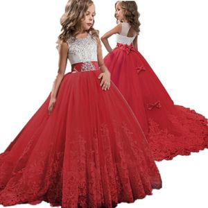 Meisjesjurken Red Girl Lace Borduurwerk Kerst verjaardagsfeestje jurk bloem bruiloft jurk formele kinderen voor meisjes tienerkleding 6 14 jaar